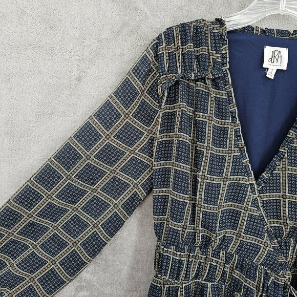 dRA Los Angeles Cicero Wrap Dress S Blue Brown Ruffled Lined Long Sleeve Retro - Picture 4 of 15